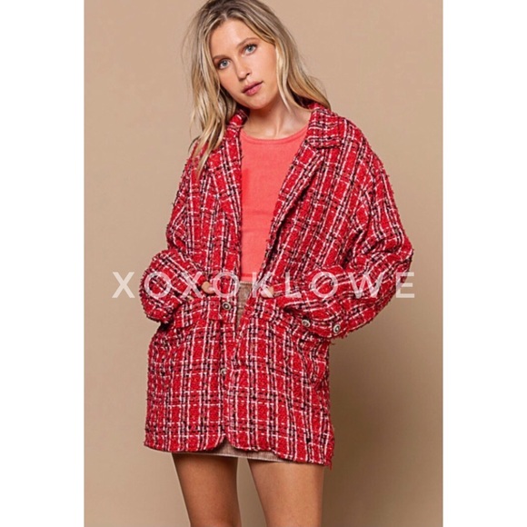 POL Jackets & Blazers - POL Red Tweed Blazer Plaid Print Relaxed Fit